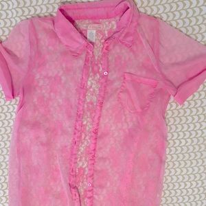 Sheer pink short sleeve top with lace back